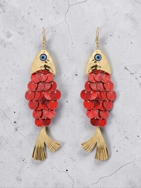 Piper K NWT Gold & Red Fish Dangle Earrings .